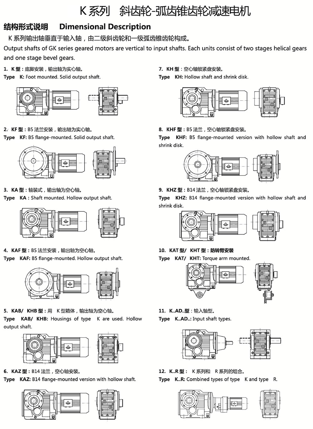 K系列斜齒輪-弧齒錐齒輪減速電機(jī)結(jié)構(gòu)形式說明